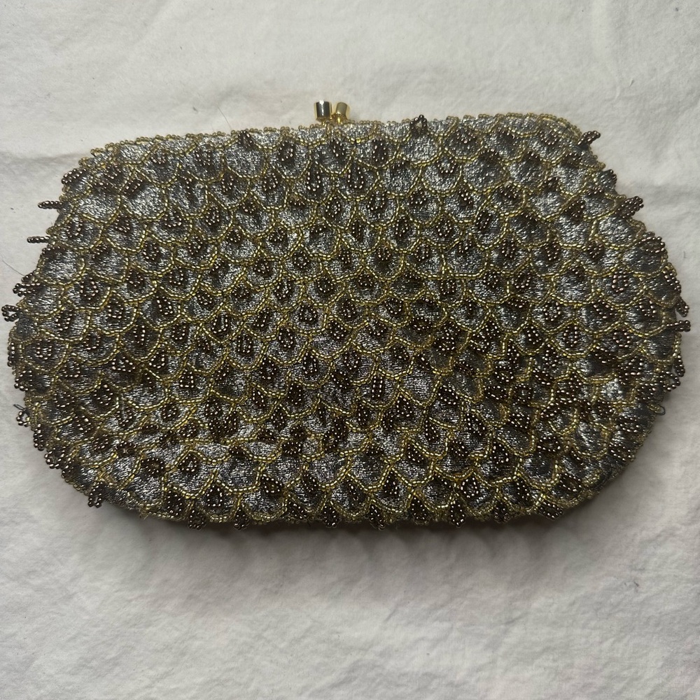 Gold and Silver Textured Clutch with Metal Frame
